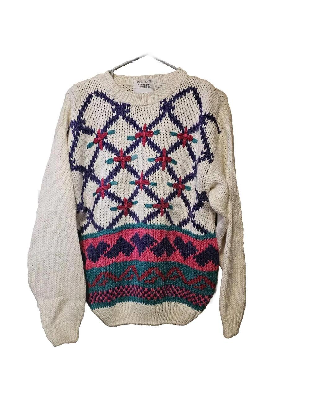 Handknit Sweater Carolina Colours Creame Pink Purple Medium Ramie Acrylic 90s